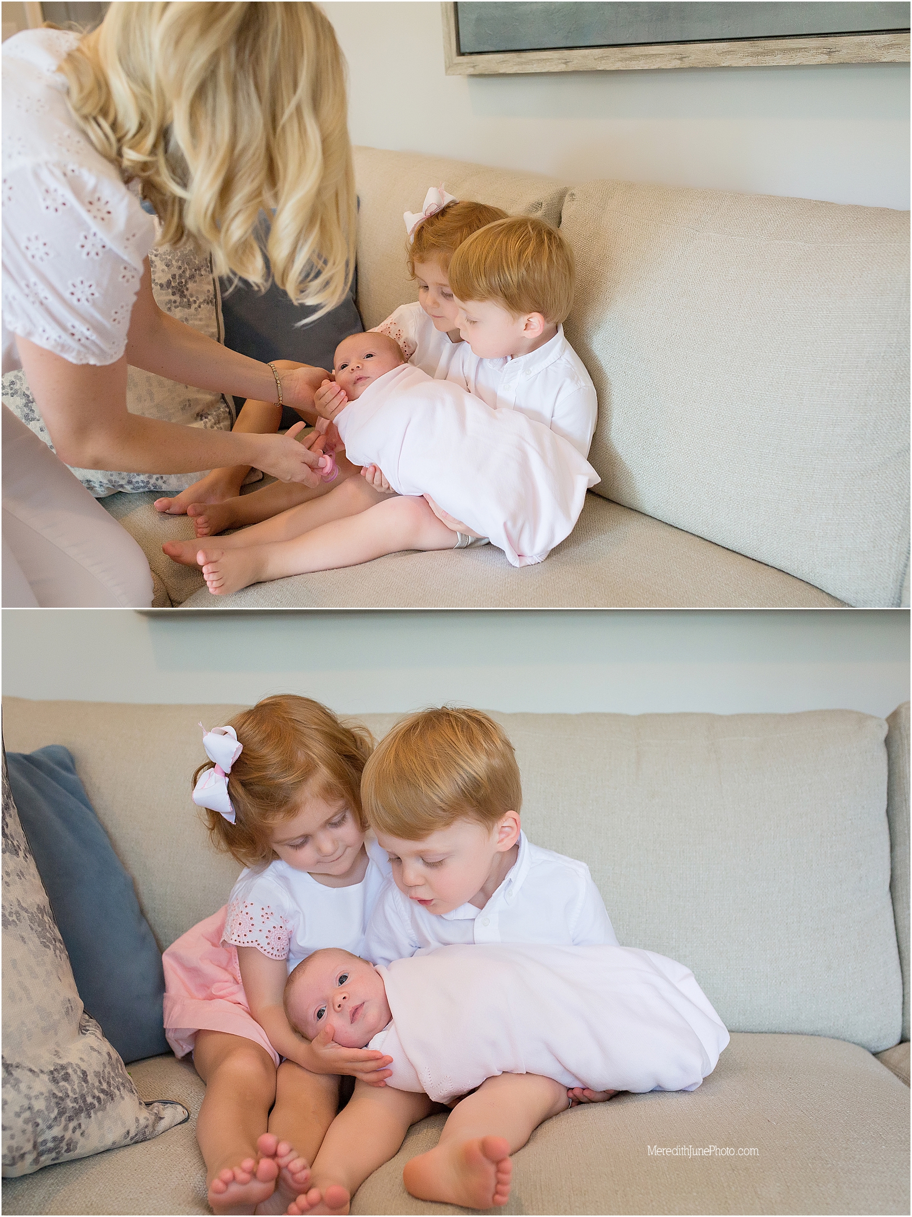 Newborn baby girl lifestyle session with twin siblings