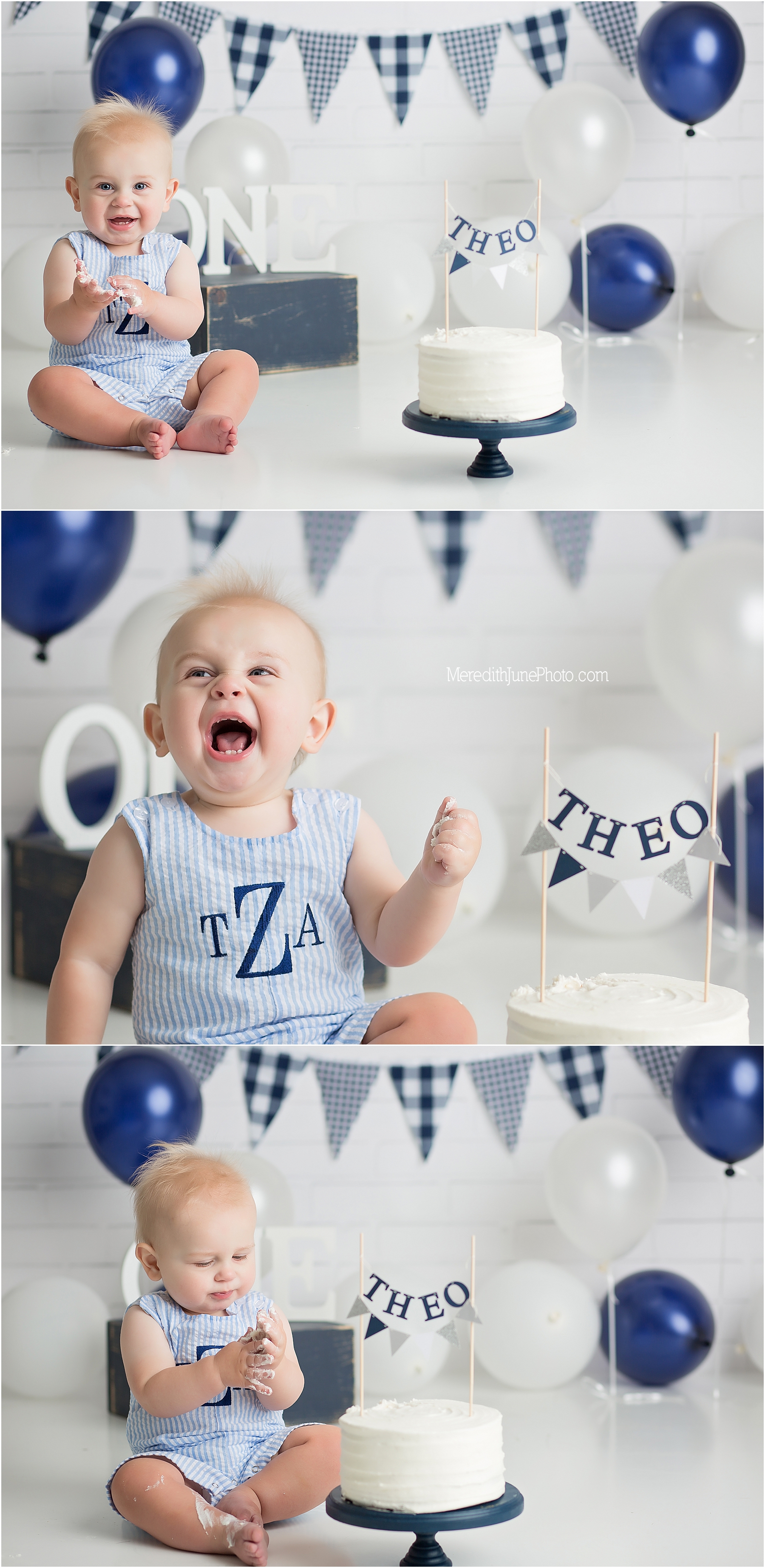 Blue and white cake smash for first birthday