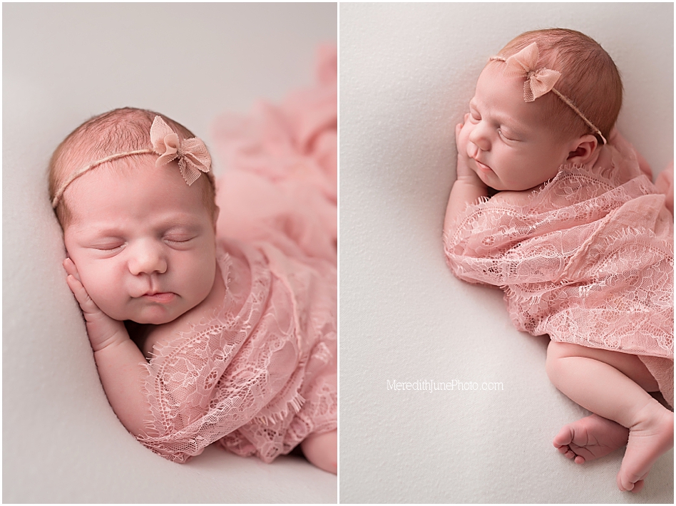 Newborn baby girl on pink and white by MJP
