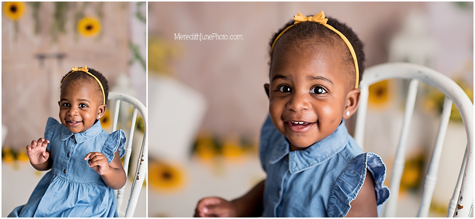 sunflower photo session for one year old baby girl in charlotte nc