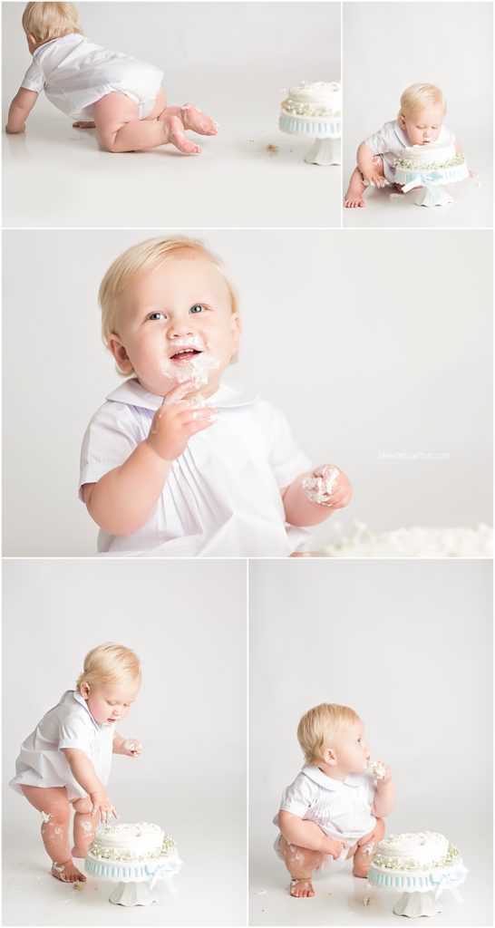 All white cake smash session for baby boy 