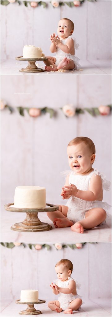 bright white cake smash set up for baby girl by MJP in Charlotte NC