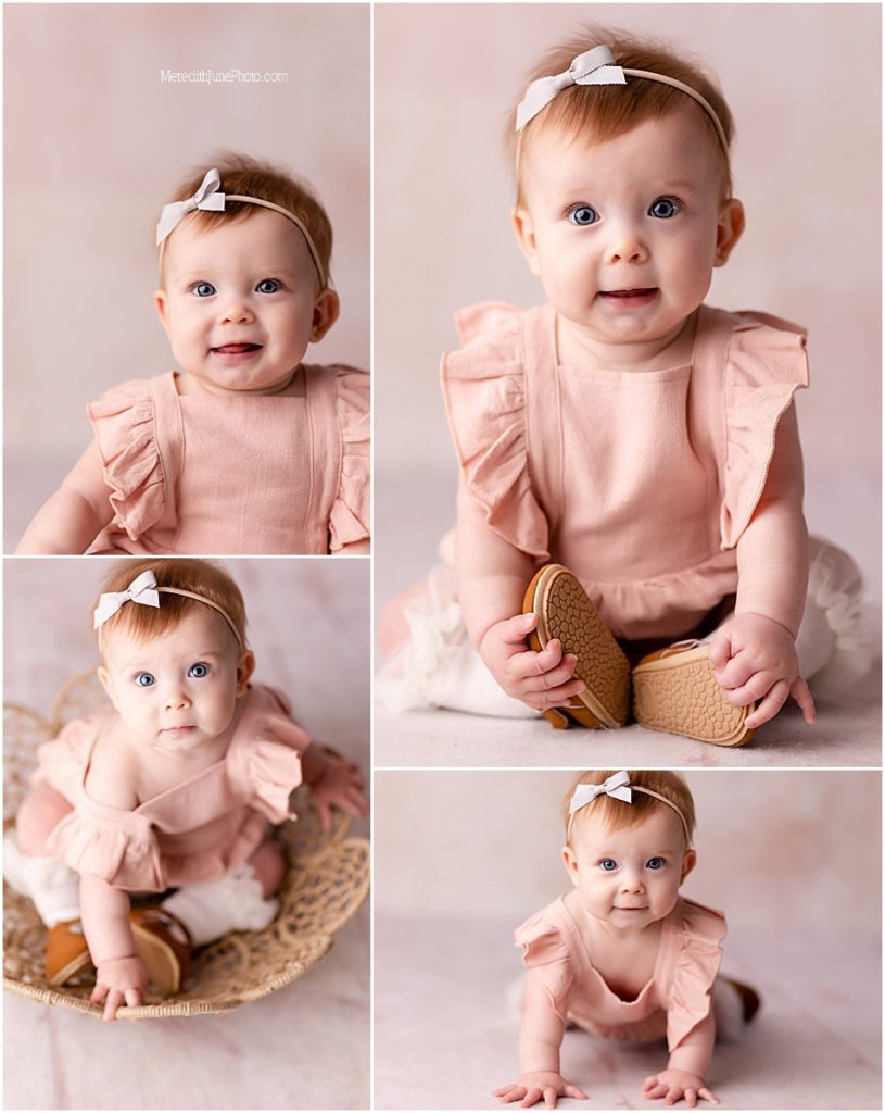 baby girl on pink for 6 month milestone photo session 